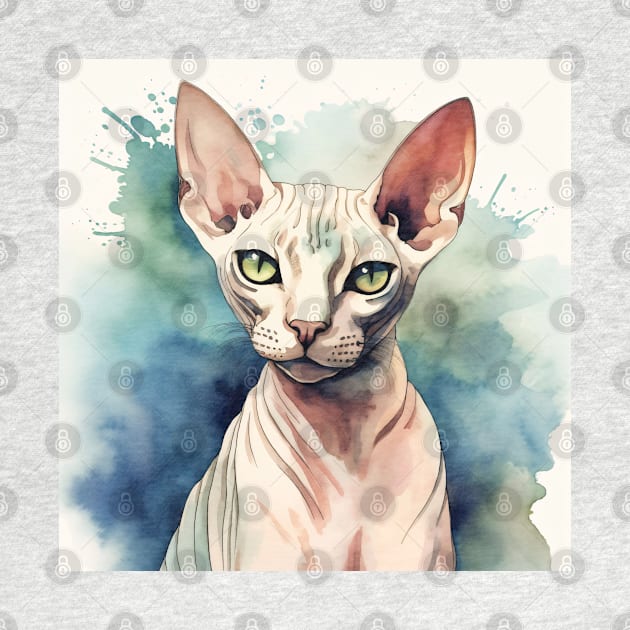 Watercolor Sphynx Cat Design on Cool Blues and Greens by designs4days